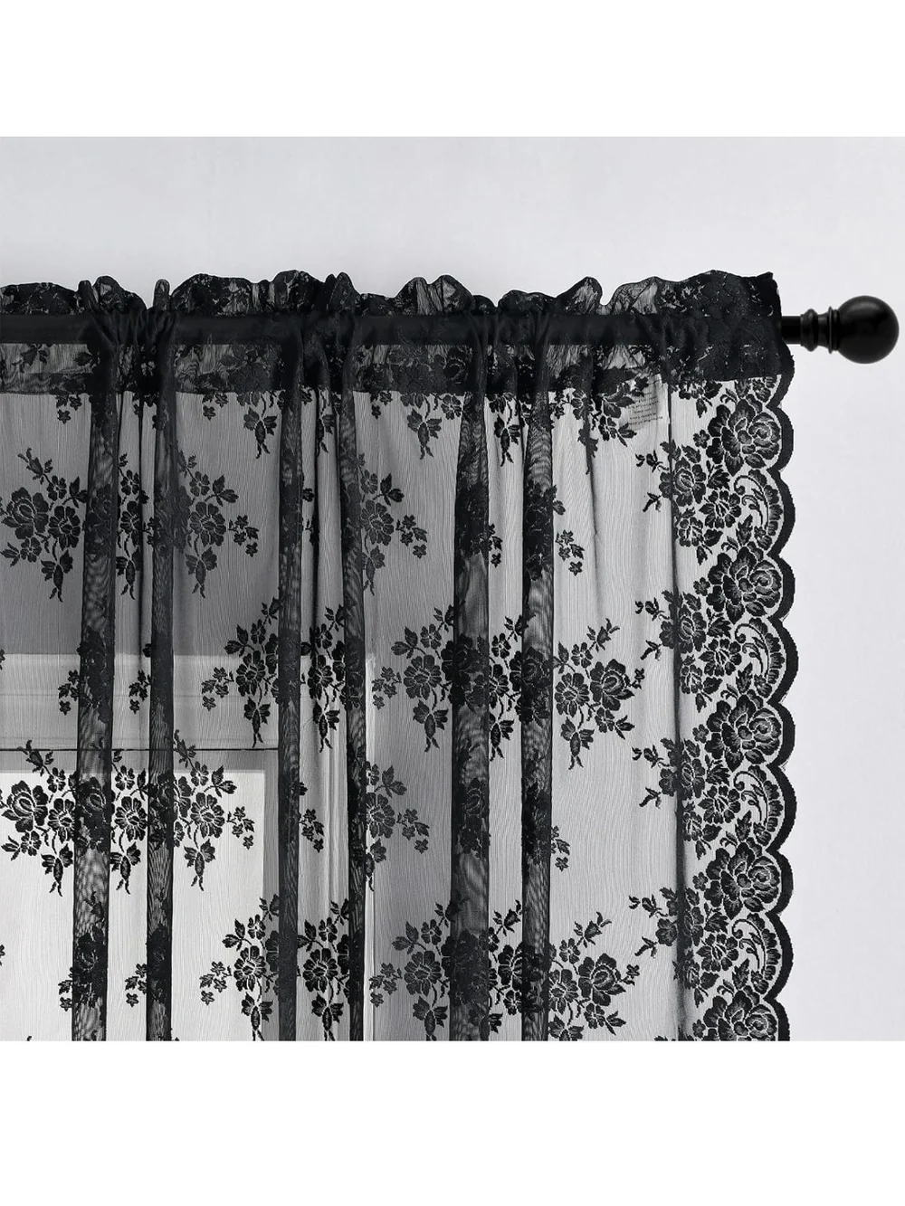 Black Lace Sheer Curtain Panels - Elegant Window Drapery